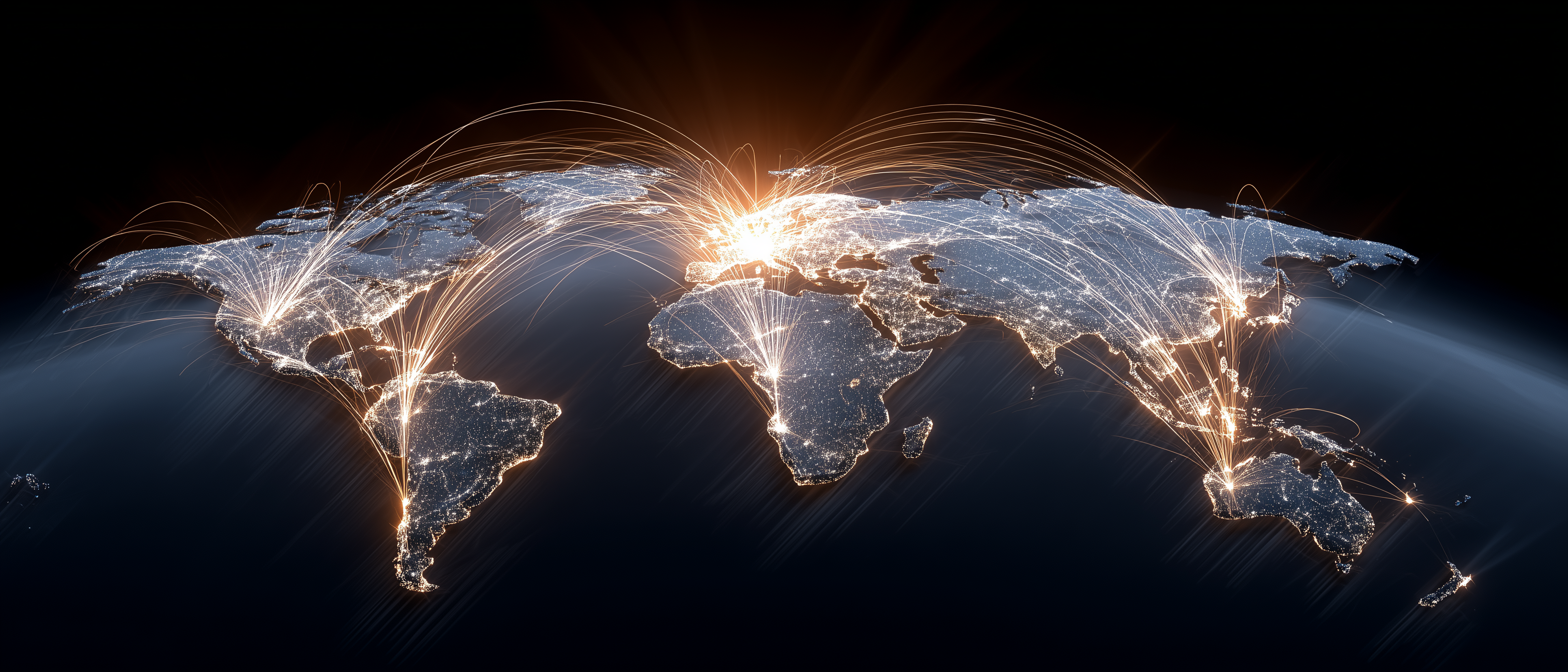 Digital world map at night with glowing city lights and arcing lines suggesting global connectivity.